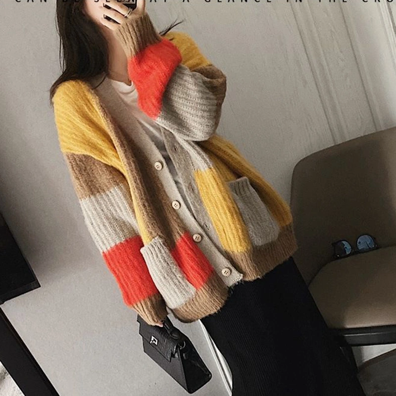 Lazy Wind Match Color Knitted Coat Women Loose V-neck Fashion Mid-length Sweater Cardigan