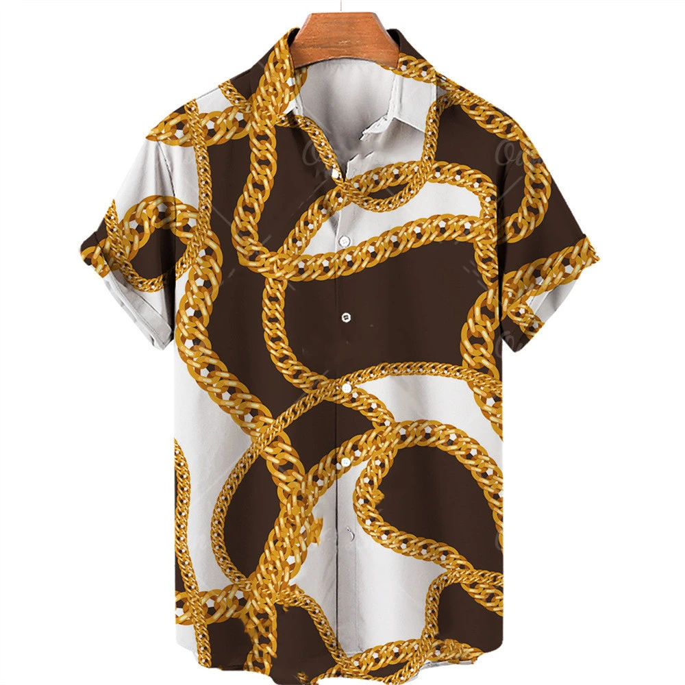 3D Digital Big Gold Chain Short Sleeve Shirt For Men