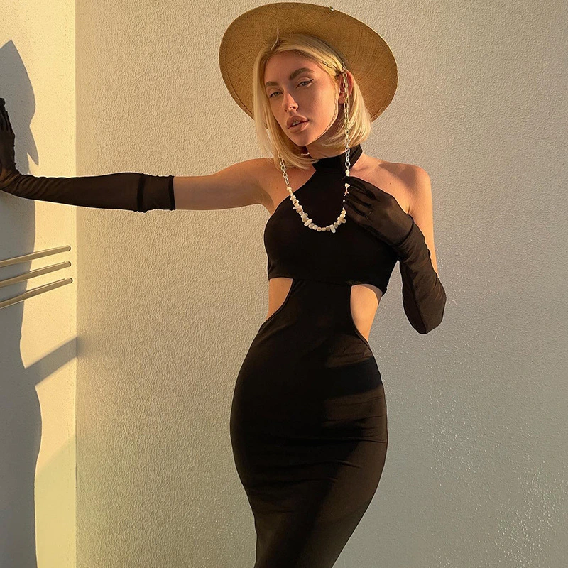 Slim Side Hollowed Out Bag Buttock Backless Hanging Neck Dress Female