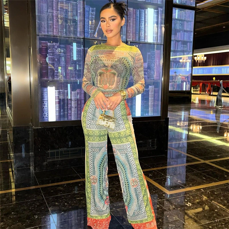 Printed Long-sleeved Top With High Waist And Slim Long Suit For Women