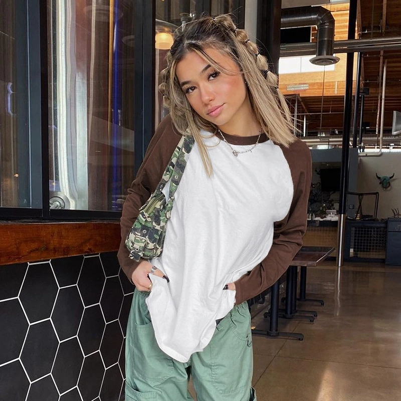 Women's Fashion Casual Solid Color Shoulder Insert Round Neck Long Sleeve