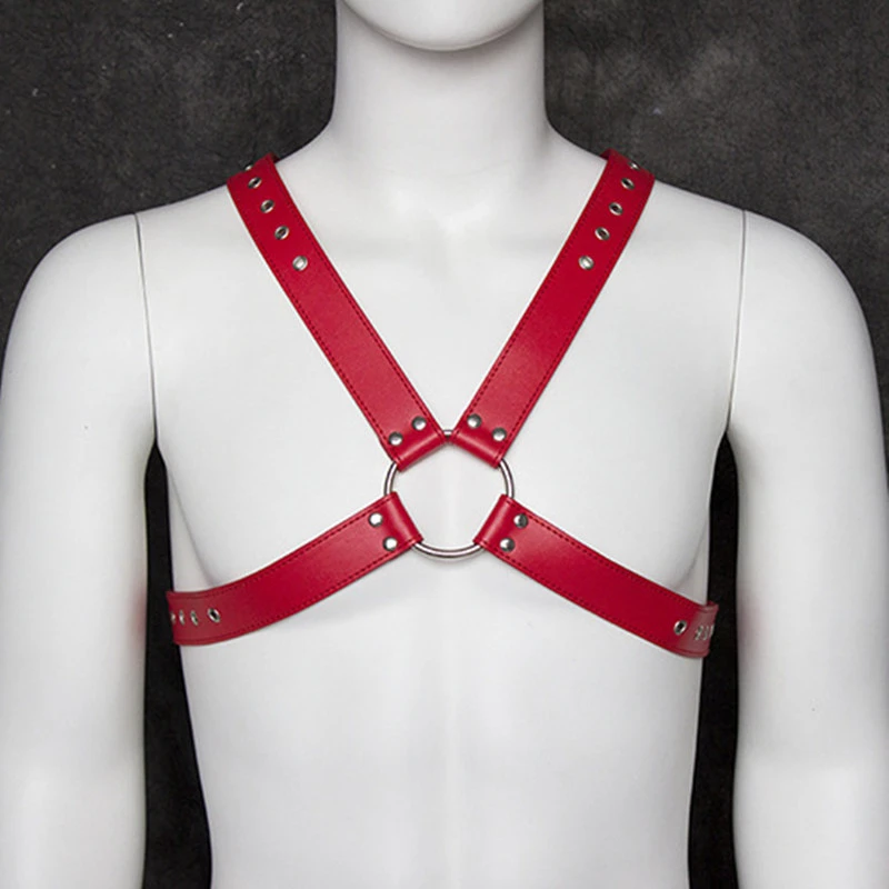 Men's Leather Bondage Red Chest Strap