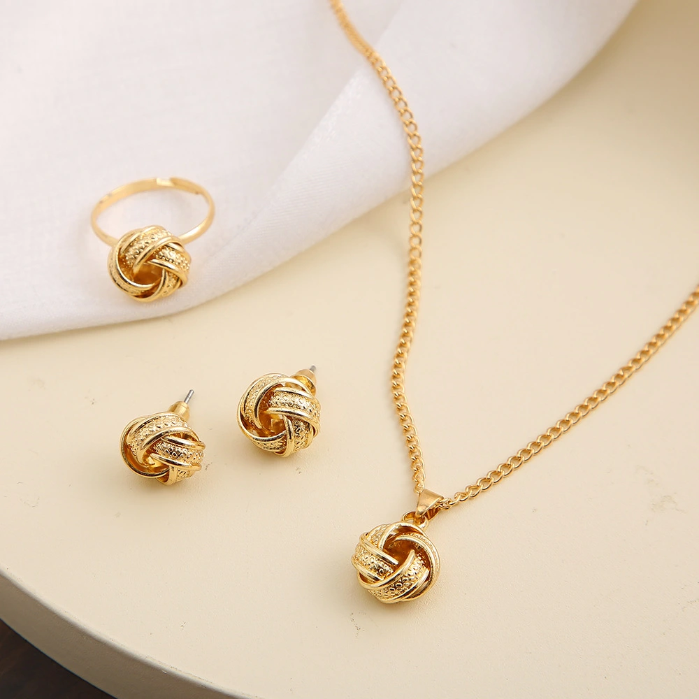 Metal Jewelry Three-piece Creative Wedding Three-dimensional Knotted Ring Earrings Necklace Set