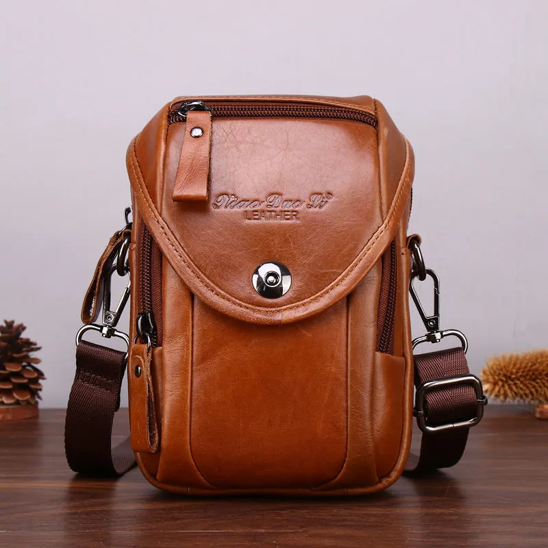 Men's Multifunctional First Layer Cowhide Leather Cell Phone Bag