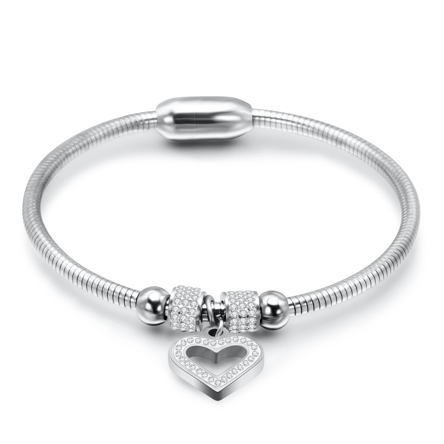 Simple Ins Hollow Diamond Heart Titanium Steel Snake Chain Magnet Buckle Bracelet