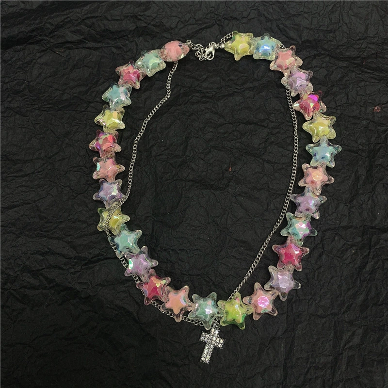 Colorful Beaded Stars Double Diamond-encrusted Cross Necklace Choker