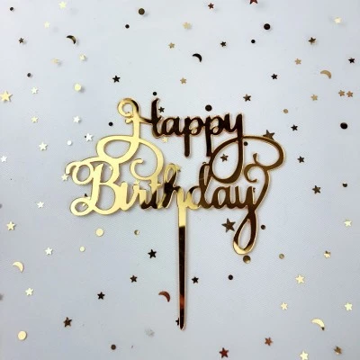 Mirror Gold Happy Birthday Acrylic Cake Decorative Insertion Party Decoration