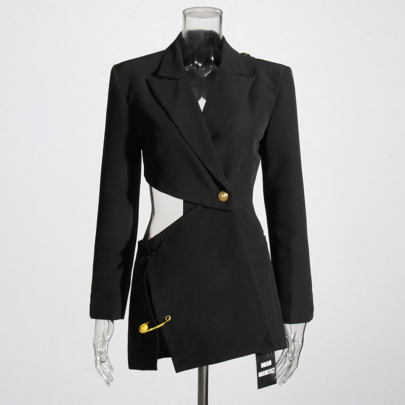 Winter Hollowed Out Backless Asymmetrical Black Slim Coat For Women