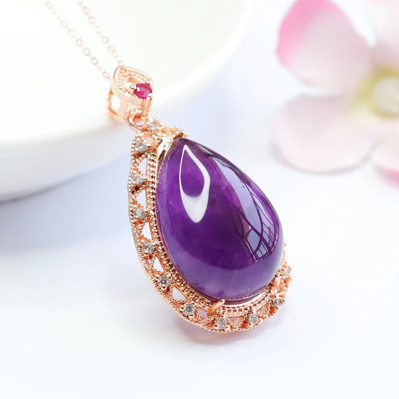 Women's Fashion Natural Amethyst Water Drop Pendant Necklace