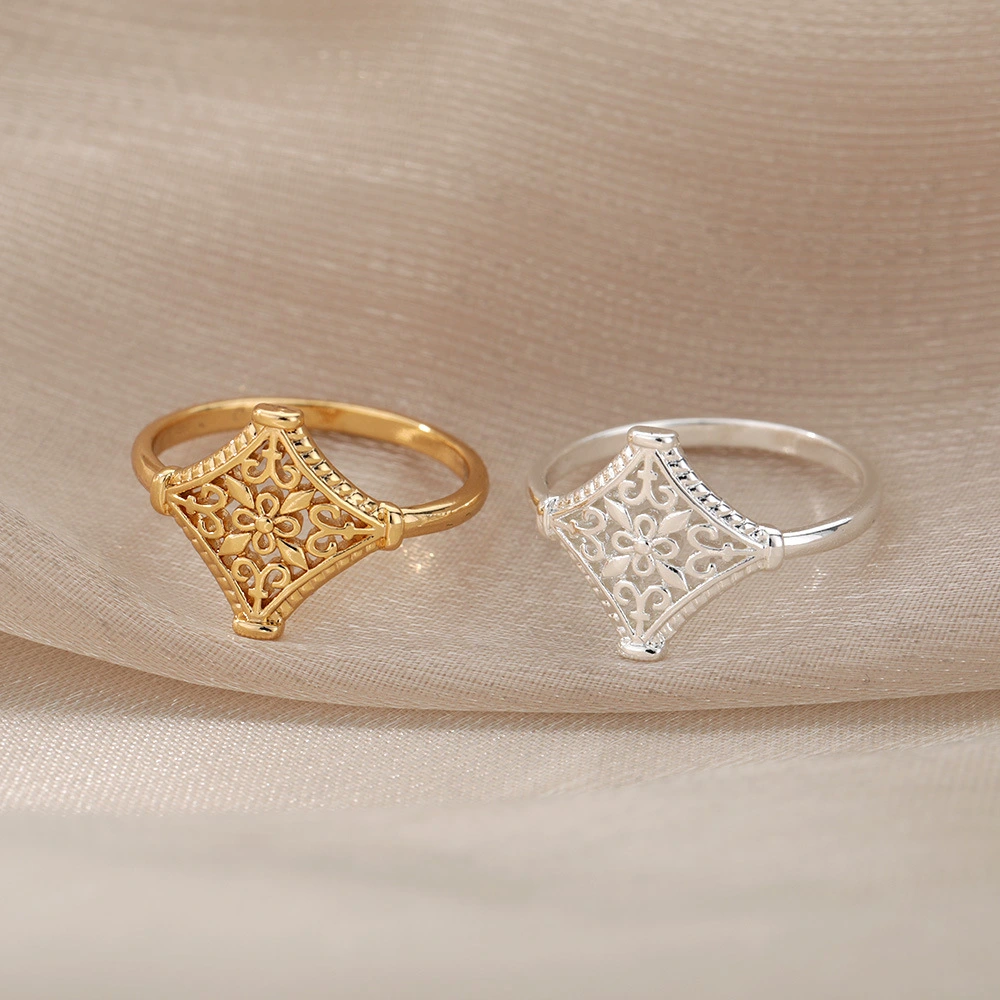 Diamond-shaped Hollowed Out Flower Ring Female I Simple Floral Index Finger Ring Ornament