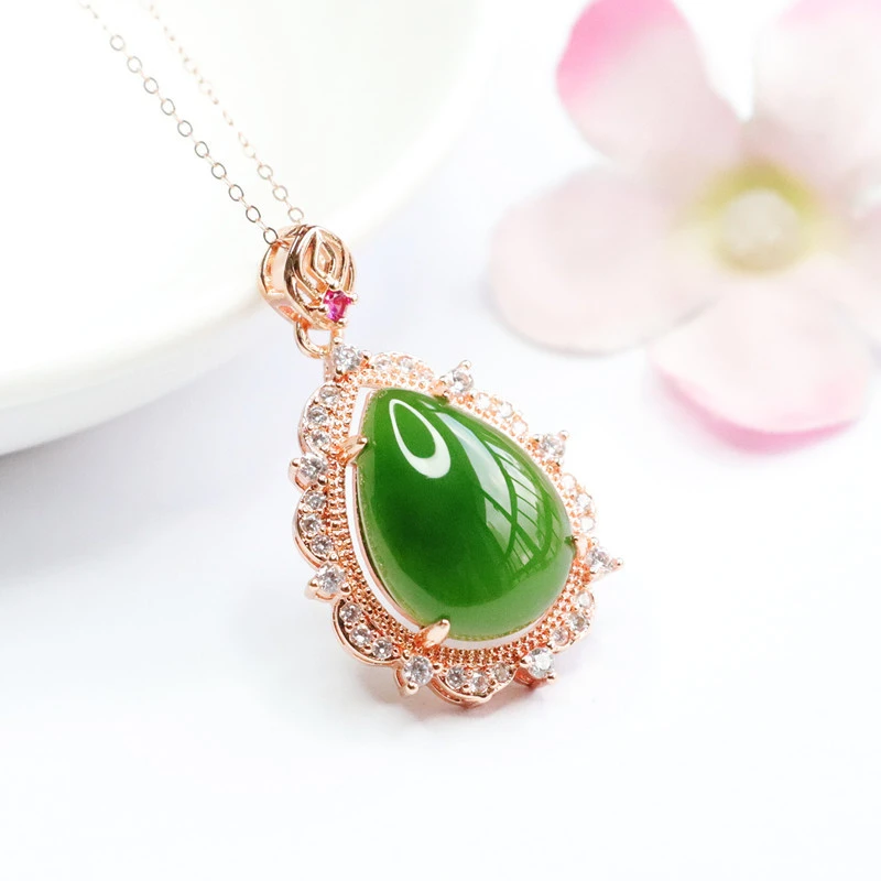 Natural Hetian Jade Pendant Jasper Water Drop Russian Material Spinach Green