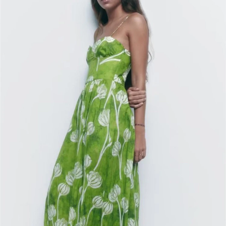 French Heart Neck Halter Print Dress