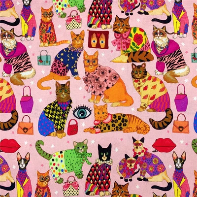 Pink Bottoming Cat Print Flat Cloth Patchwork Shirt Headscarf Children's Dress