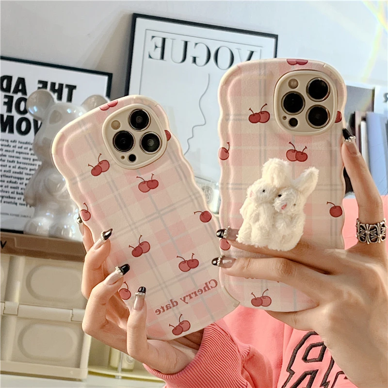 Plaid Cherry Plush Rabbit Holder Phone Case