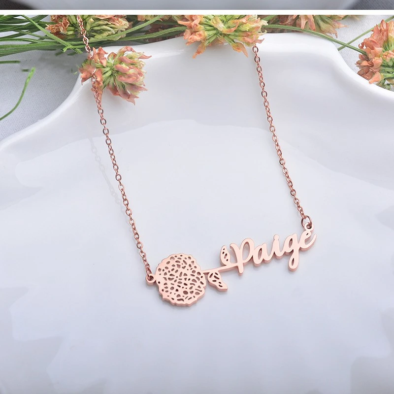 Birthday Flower Necklace Custom Chinese And English Letters Titanium Steel Colorless Clavicle Chain