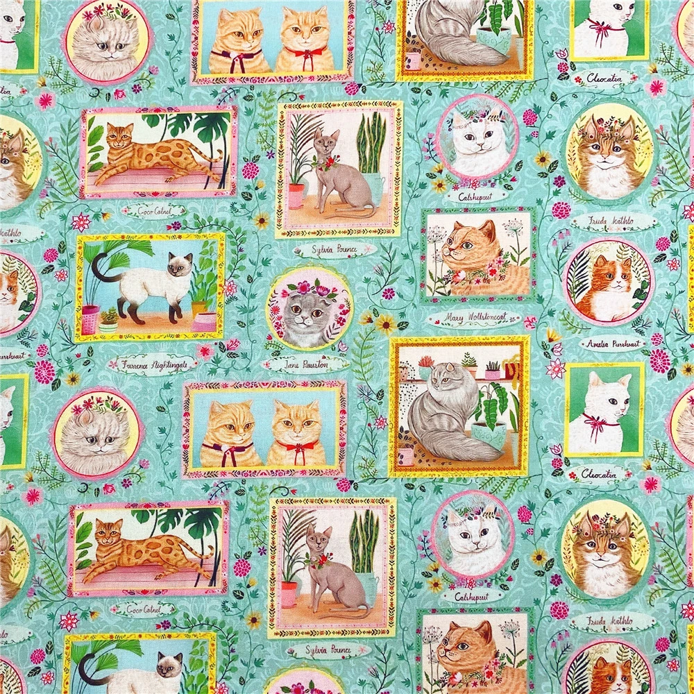 Photo Frame Floral Cat Print Fabric