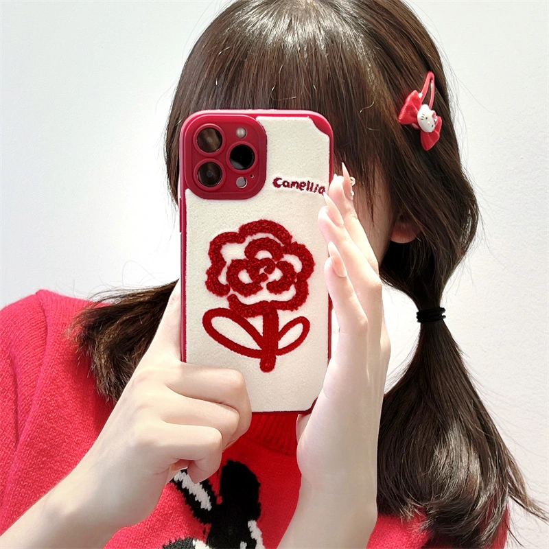 Vintage Wine Red Embroidered Camellia Flower Plush Mobile Phone Case