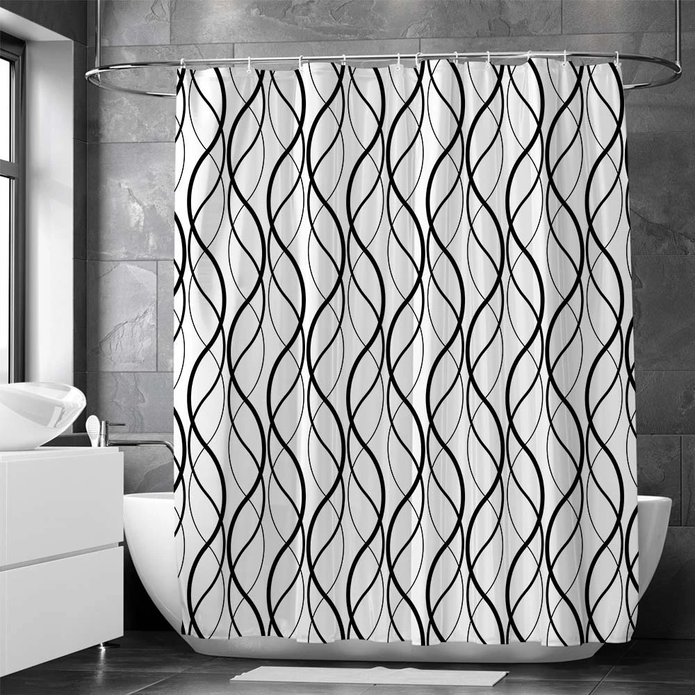 Black And White Line Digital Printing Bathroom Curtain