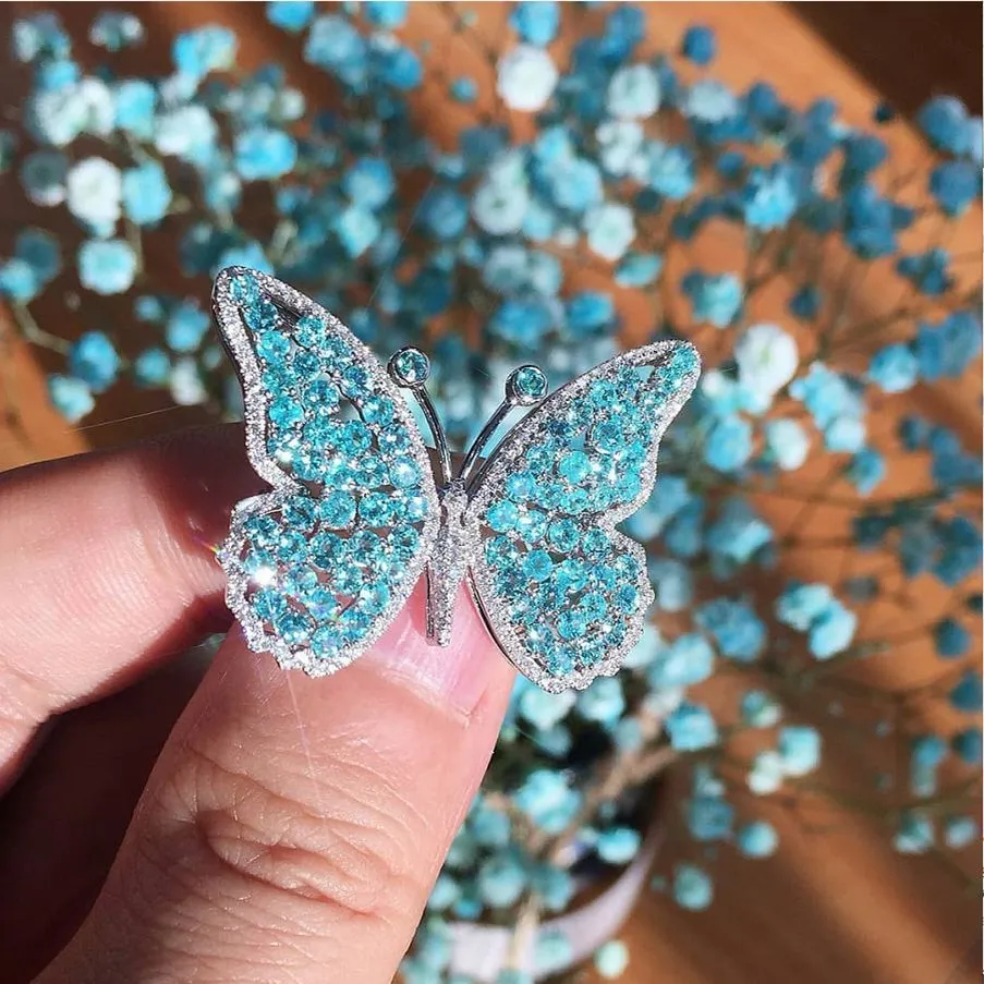 Electroplated Lake Blue Exaggerated Butterfly Ring