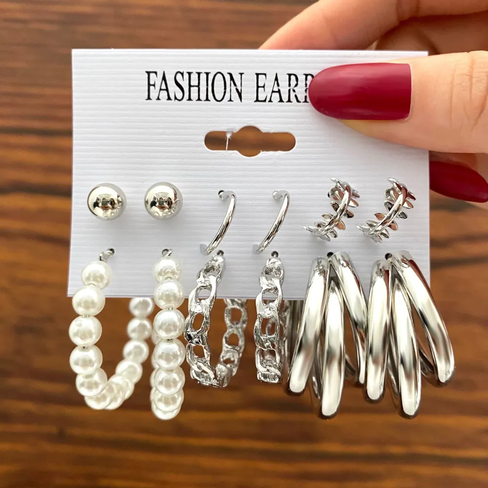 Vintage Metal Circle Women's Accessories Geometric Pearl Earrings 6-piece Set