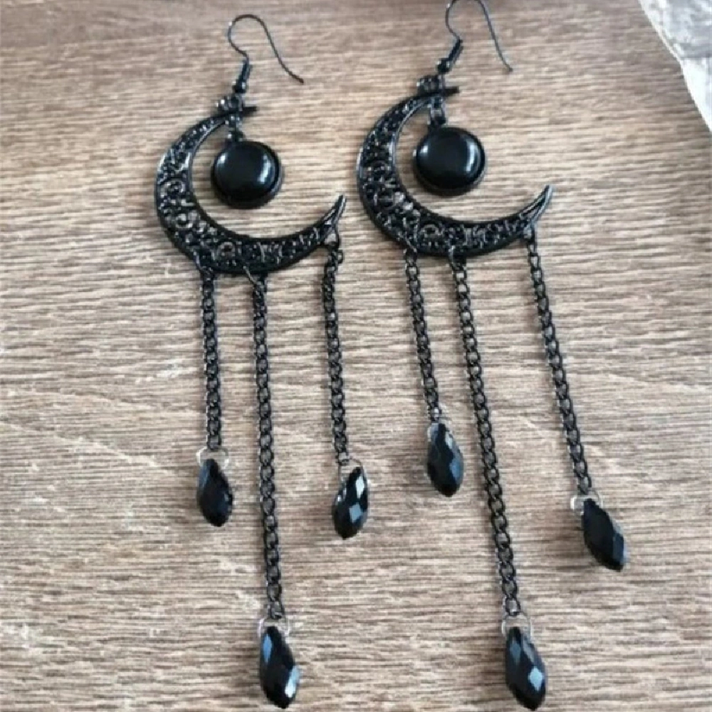 Women's Tassels Long Crystal Moon Earrings