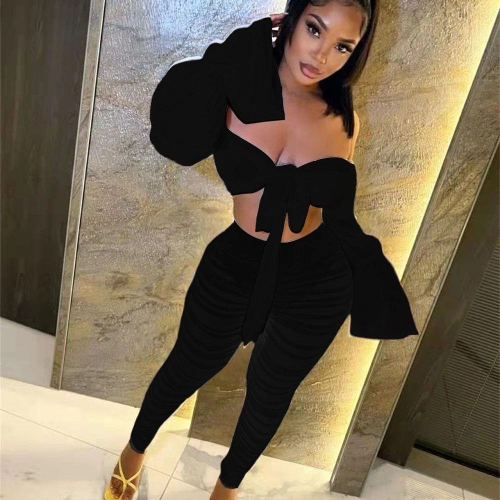 Flared Sleeve One-line Neck T-shirt Mesh Pleated Pants Suit
