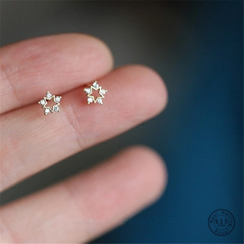 Sterling Silver Plated 14k Gold Inlaid With Zirconium Diamond Mini Snowflake Earrings