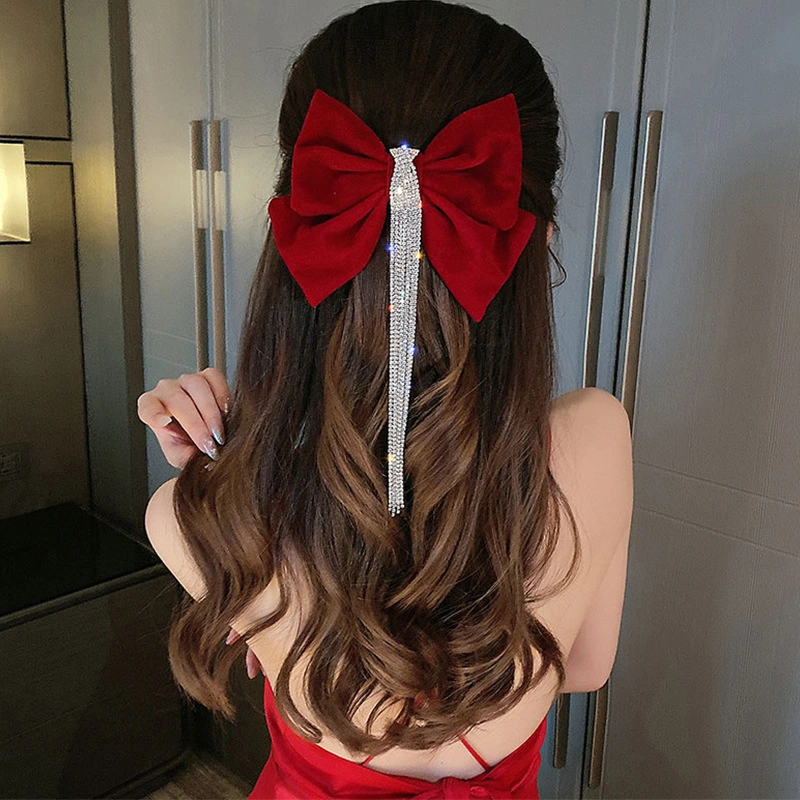 Red Bow Encrusted Tassel Hairpin Back Head Spring Top Clip