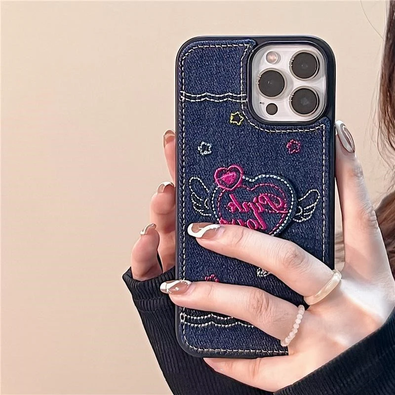 Denim Embroidered Love Phone Case