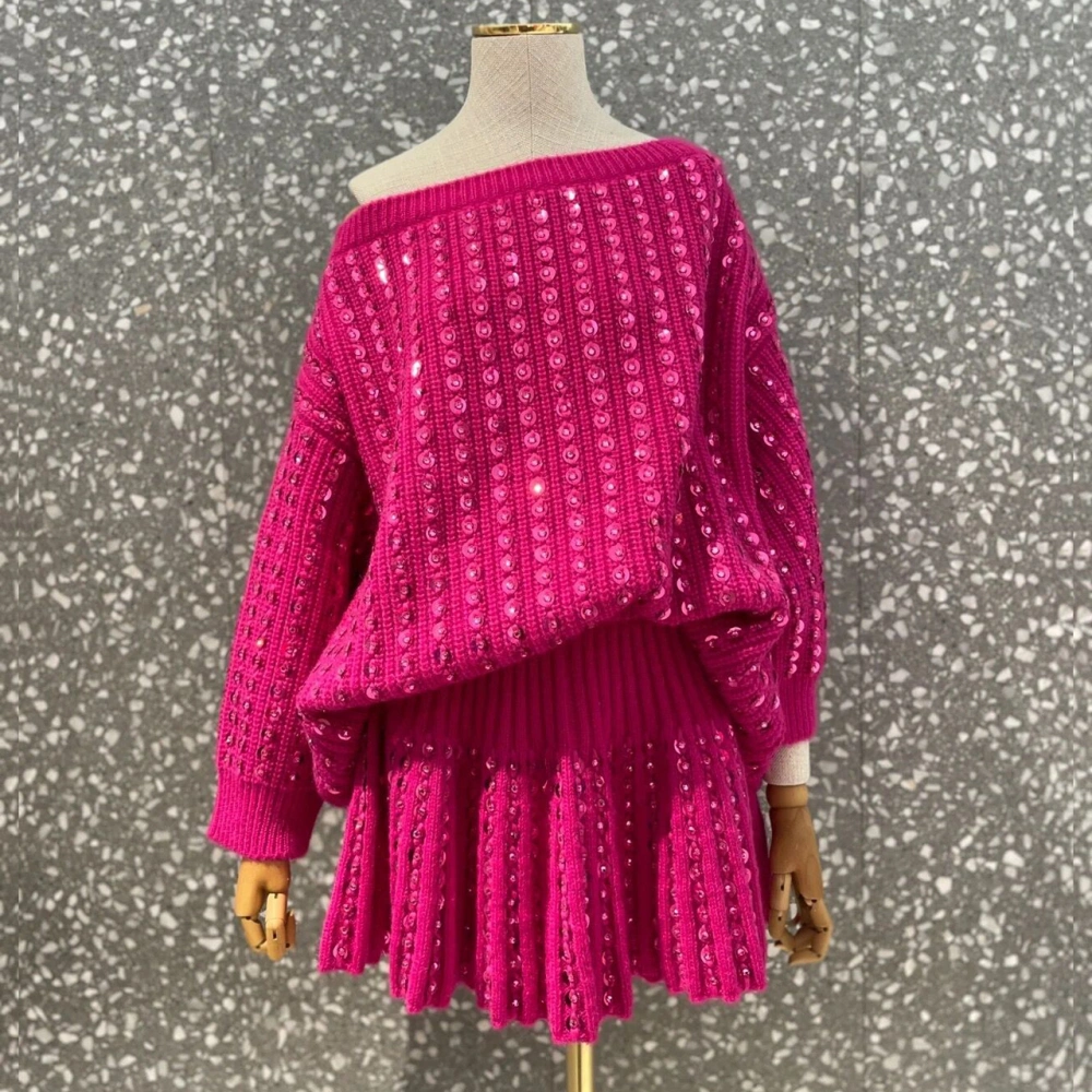 Rose Sequin One-line Neck New Year Loose Vintage Sweater