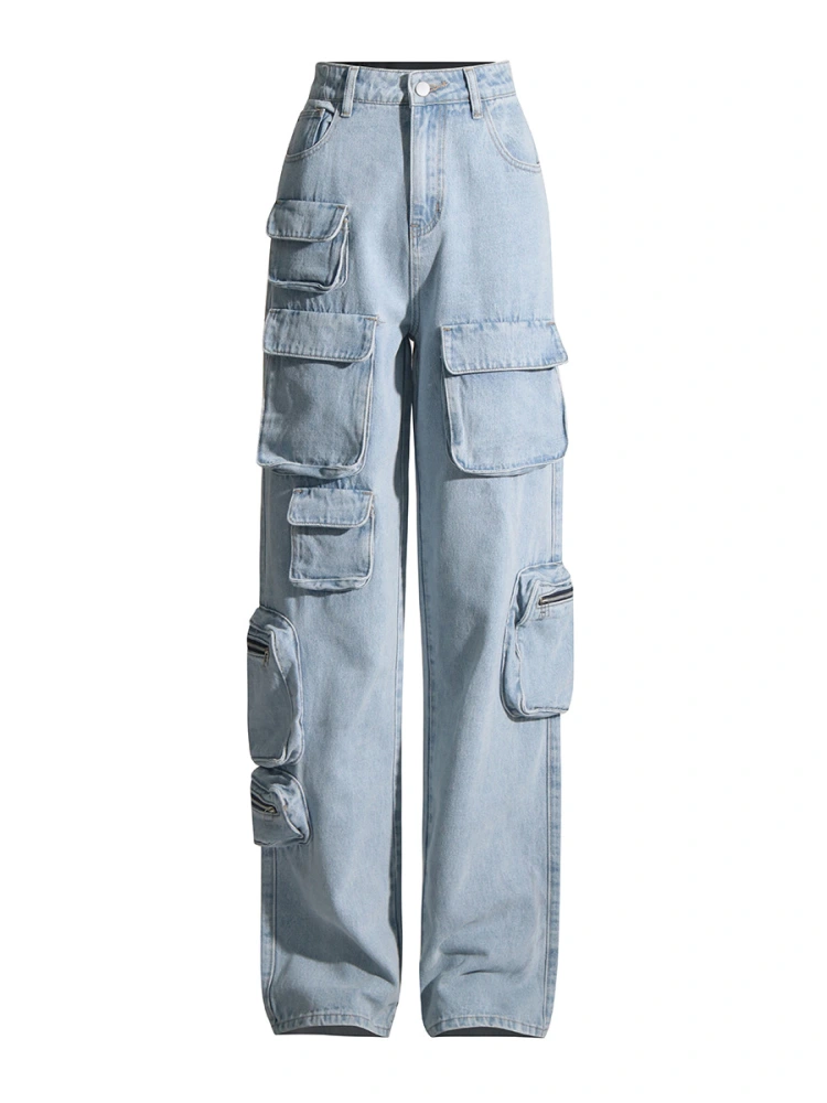 Vintage Light Blue Washed High-waisted Tooling Jeans For Women