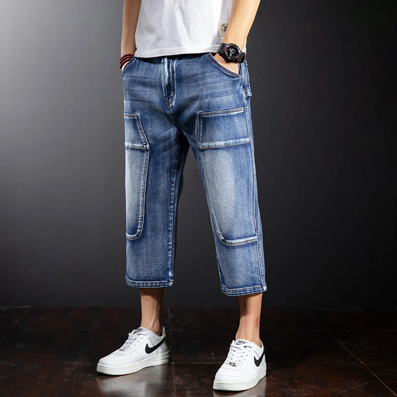 Seven Points Denim Shorts Men Straight Loose Over The Knee Medium Pants Fat Guy Pants