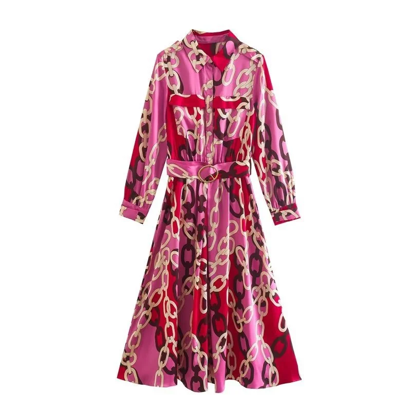 Women's Long-sleeved Chain Printed Shirt Dress