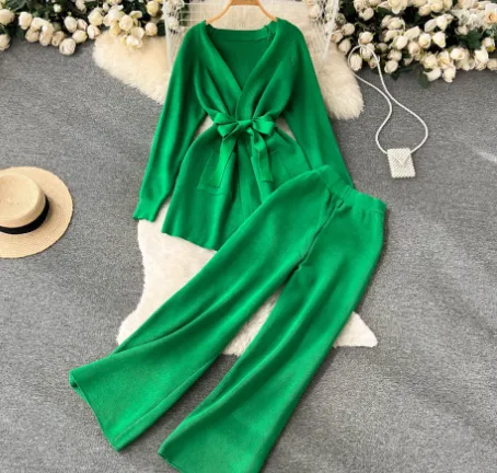 Knitted Cardigan Coat High Waist Loose Wide Leg Pants Women's Suit