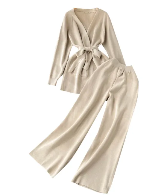 Knitted Cardigan Coat High Waist Loose Wide Leg Pants Women's Suit