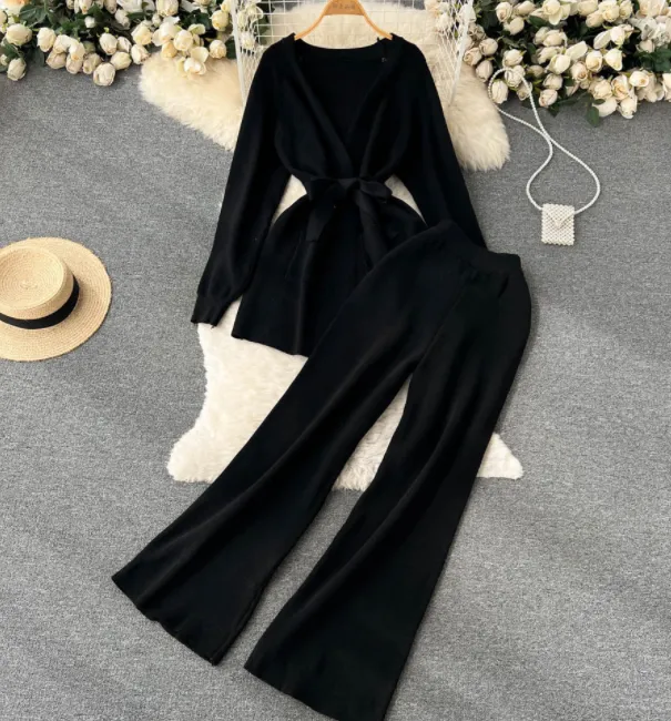 Knitted Cardigan Coat High Waist Loose Wide Leg Pants Women's Suit