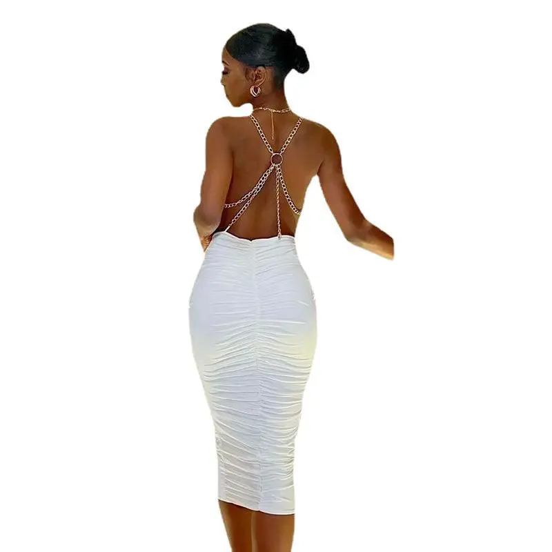 Solid Casual Backless Pleated Chain Dress