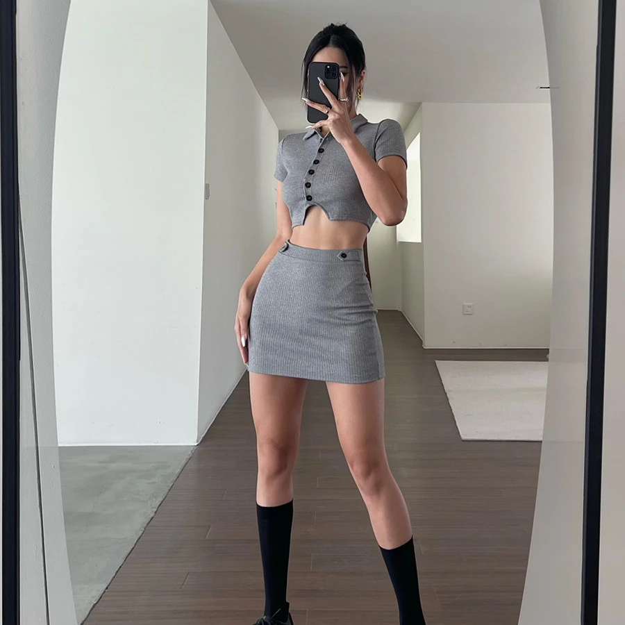 Women's Solid Color Top Skirt Two Piece Set