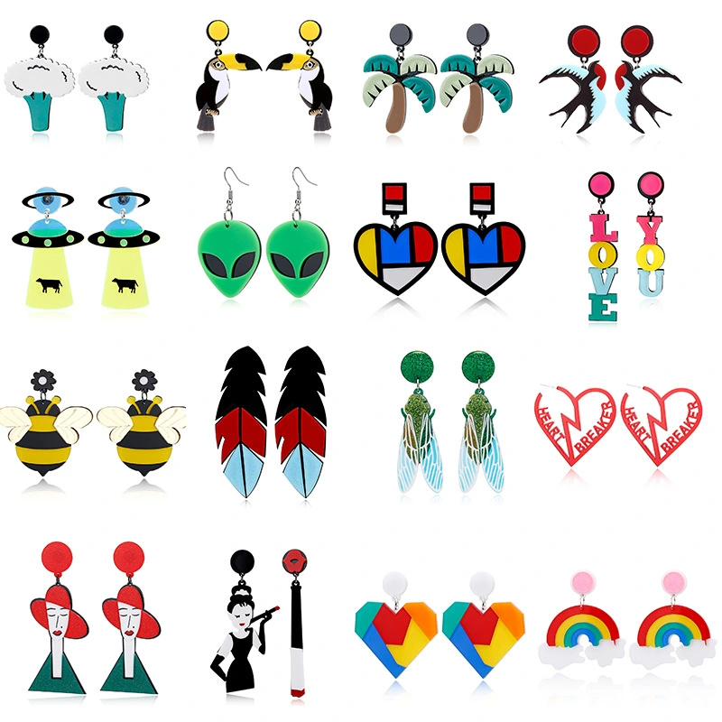 Woodpecker Swallow Spaceship Feather Cicada Heart Rainbow Cauliflower Acrylic Earrings