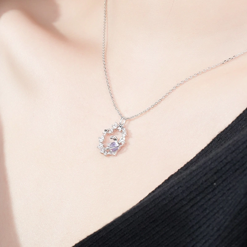 S925 Sterling Silver Cute Rabbit Planet Clavicle Chain Micro-set Zircon