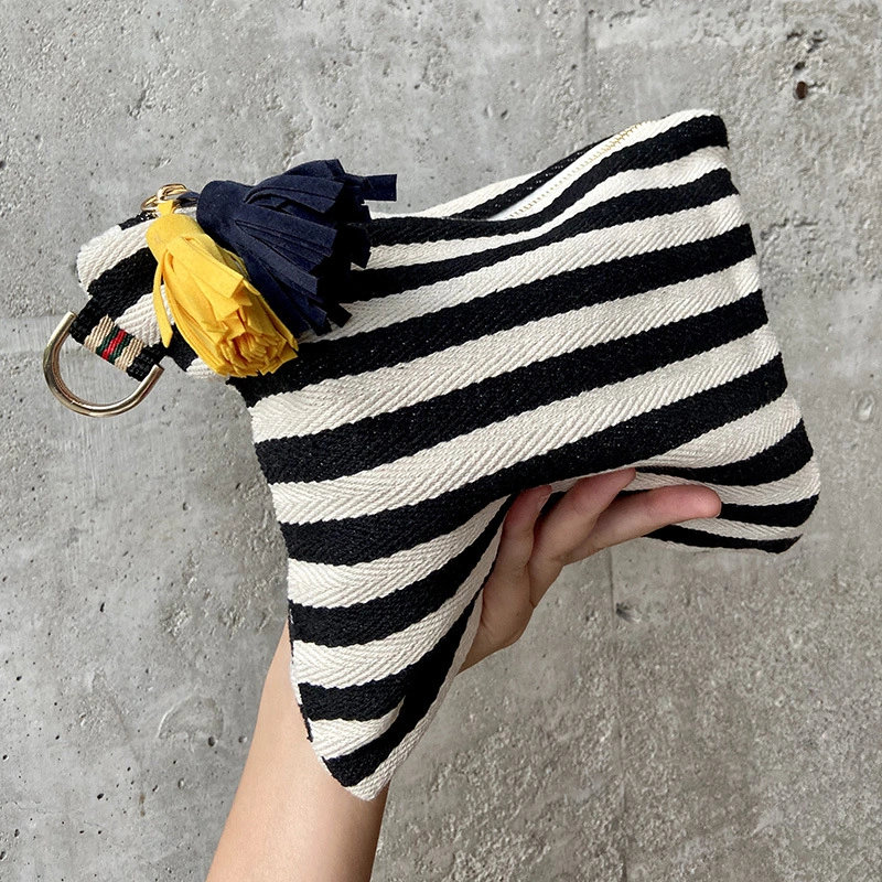 Striped Tassel Canvas Women's Hand Hold Canvas Makeup Bag