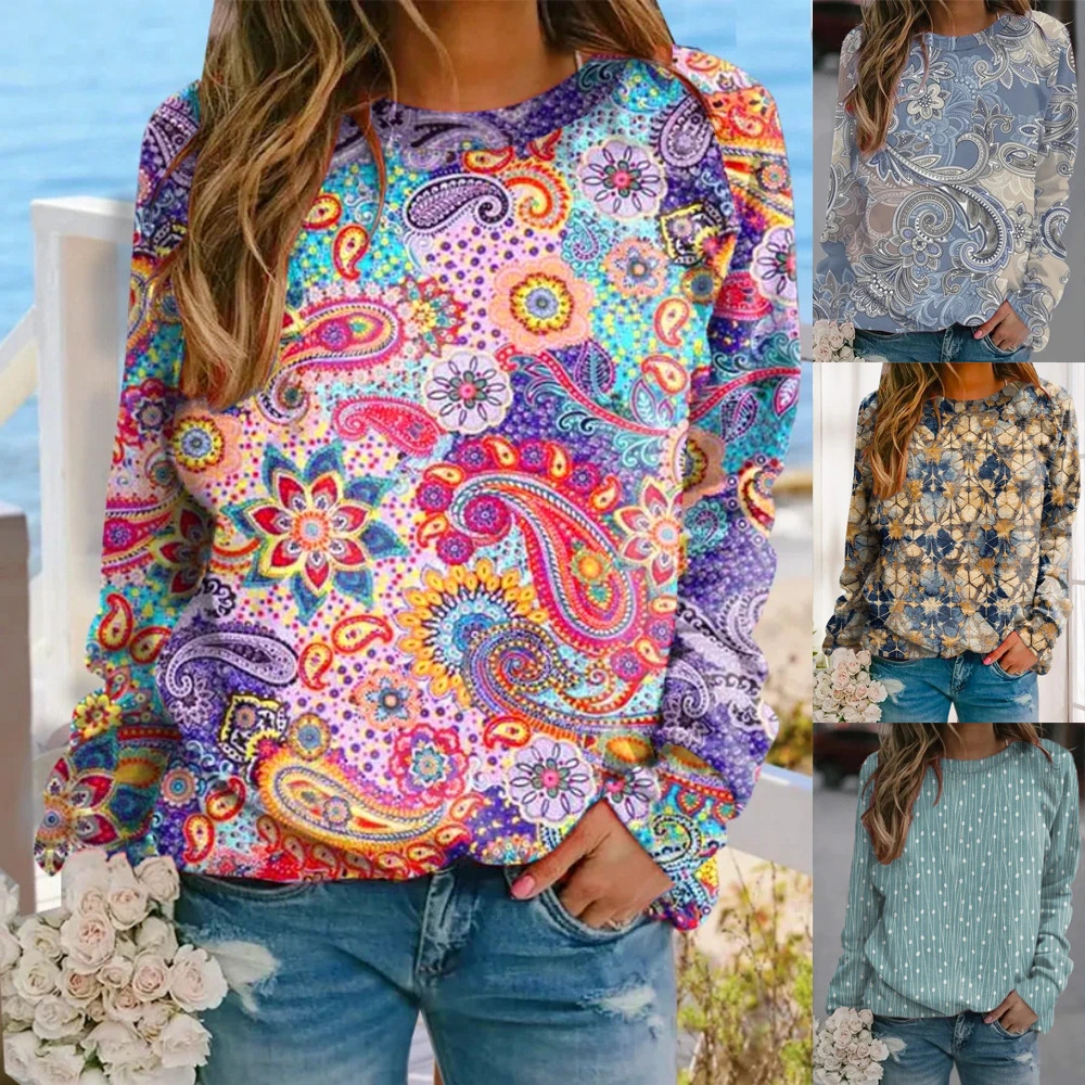 Loose Printed Long Sleeve Round Neck Sweatshirt Women's Top