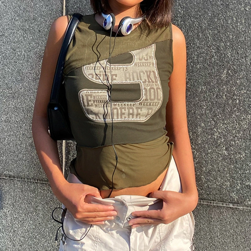 Distressed Retro Digital Print Irregular Crew Neck Top