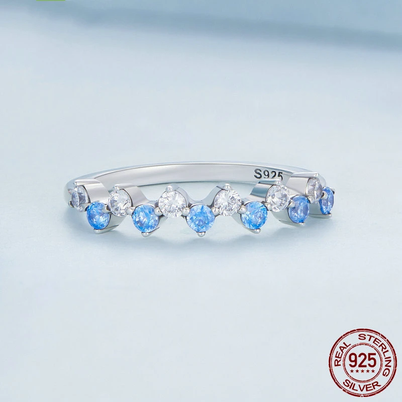 Classic Blue And White Zircon Ring Female Fresh And Flexible S925 Silver