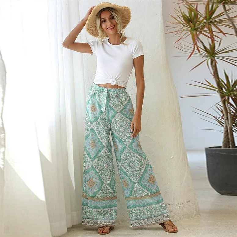 Printing Loose Wide Legged Pants Sash Trousers