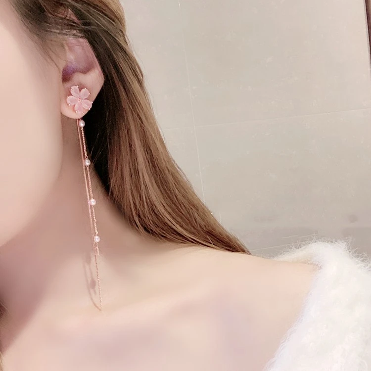 Super Fairy Cherry Earrings Female Zircon Pearl Long