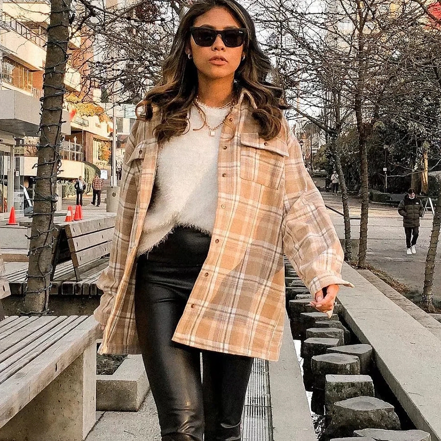 Lapel Check Loose Long Sleeve Khaki Shirt For Women