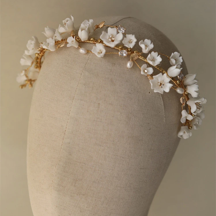 Ceramic Flower Cherry Blossom Complex Pearl Hair Hoop Bride Headdress