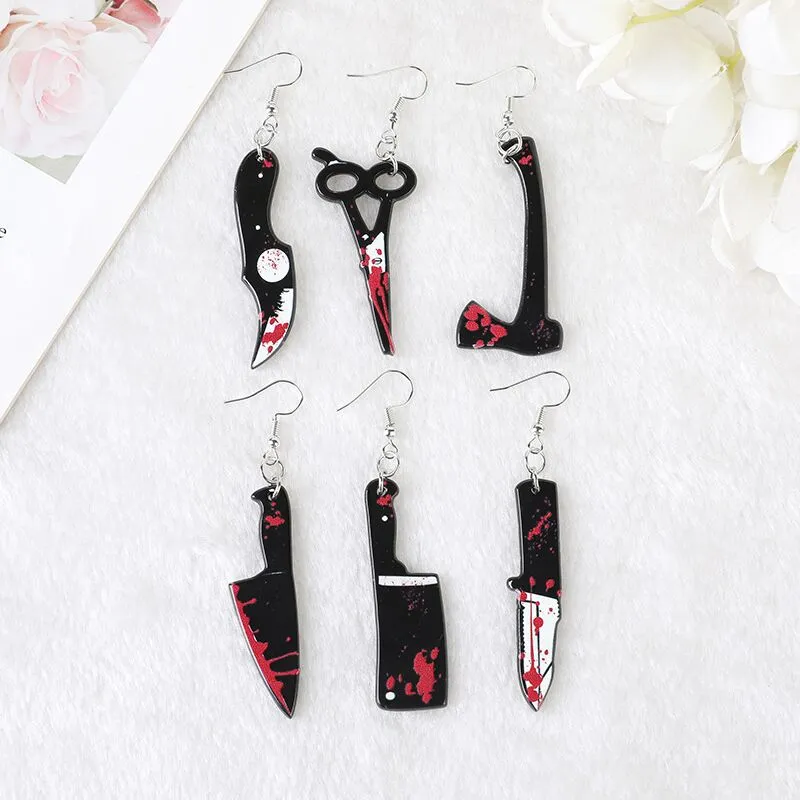 Acrylic Halloween Personality Fun With Blood Kitchen Knife Scissors Sharp Knife Simple Earrings Ear Accessories