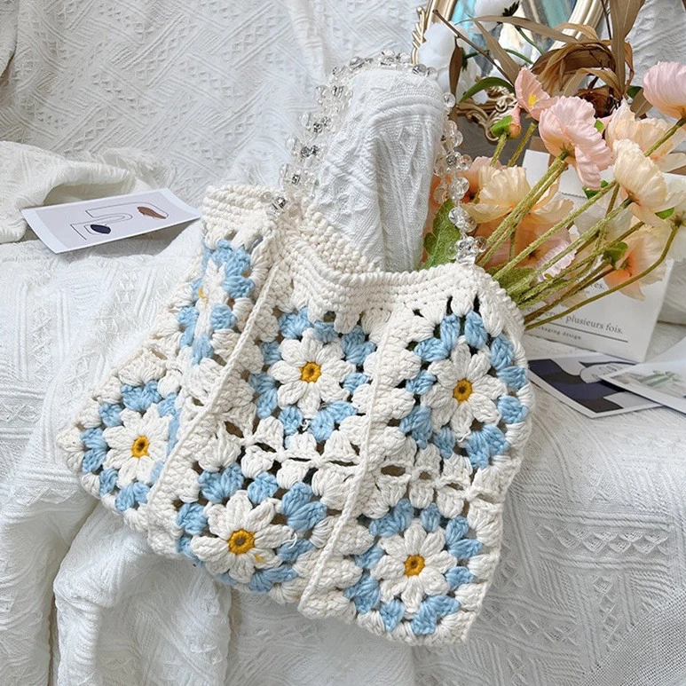 Hand Woven Handbag Hook Floral Plush Bag